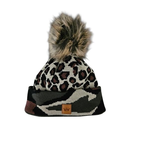 Panache Leopard Camo Cuff Beanie Pom Hat - Picture 2 of 8